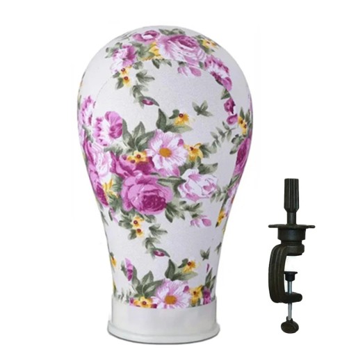 Stând de peruci cu suport pentru masă, circumferința capului 55,88 cm, model floral cu motive de trandafiri pentru saloane de coafură și utilizare