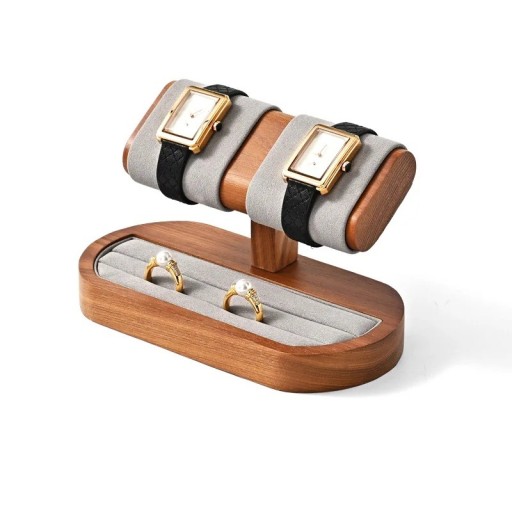 Stand for 2 Watches with Ring Organiser 17.5 × 9 × 2 cm Wooden Stand with Faux Leather Cushions and Microfiber Insert