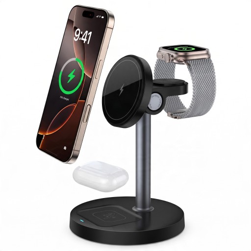 Stație de încărcare wireless magnetică 3 în 1 15 W pentru iPhone Apple Watch și AirPods Suport rotativ USB-C pentru birou