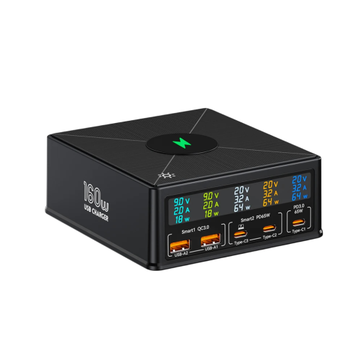 Station de chargement de bureau 160W 116 x 126 x 46 cm 5 ports USB PD 65W QC3.0 avec chargement sans fil 15W écran LED pour ordinateurs portables téléphones tablettes prise EU