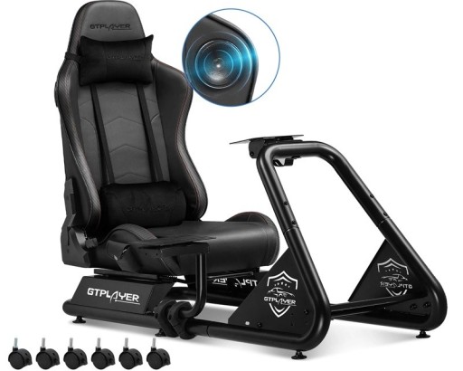 Stativ med sæde til gaming rat justerbar 130×55×107 cm med højttalere og hylde til pedaler til racingsimulatorer