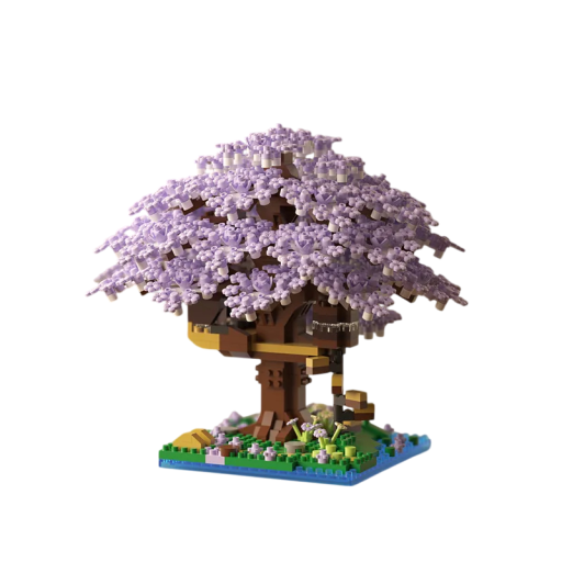Stavba copacului Sakura Coroană violetă înflorită cu o mică casă și o grădină plină de flori model decorativ creativ