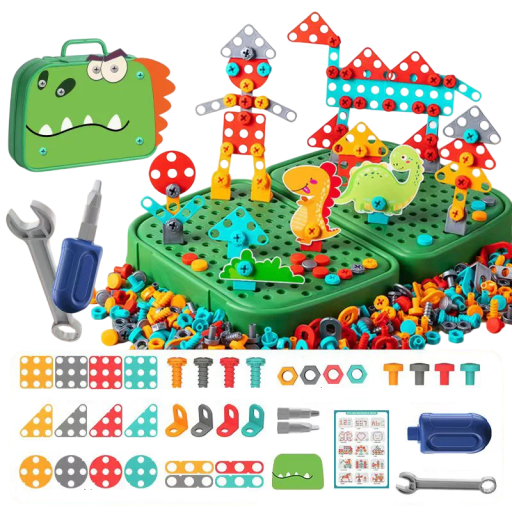 Stavebnica 228 ks Kufrík 22 x 25 cm Skrutkovacia sada s dinosaurami Farebné skrutky a dieliky Kreatívny montážny kufrík pre deti