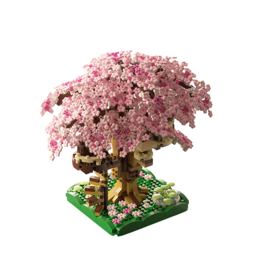 Stavebnica copacului Sakura Coroană rozalie înflorită cu o casă în crengi și grădină decorativă model creativ