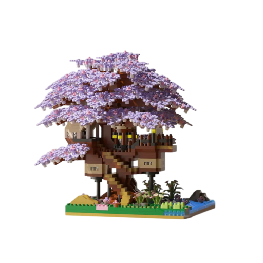 Stavebnica domku na drzewie Sakura 13 x 16 x 12,5 cm Japoński domek na drzewie z fioletową koroną i ogrodem pełnym miniaturek kreatywny model