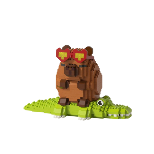 Stavebnice 9,6 x 15,6 x 8 cm Kapybara s červenými brýlemi sedící na zeleném krokodýlovi Hravá detailní figurka z mini dílků