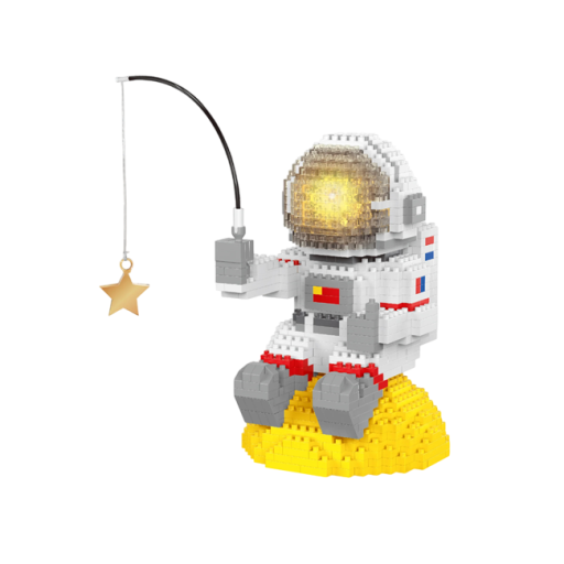 Stavebnice astronaut 13 x 8,5 x 8,5 cm Sedící kosmonaut na žlutém měsíci s prutem a hvězdou Detailní mini bloky Dekorativní vesmírný model