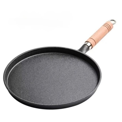 Stekpanna för pannkakor och plättar med non-stick yta och låg kant med en diameter på 20 cm i svart färg med lång handtag och öga för upphängning