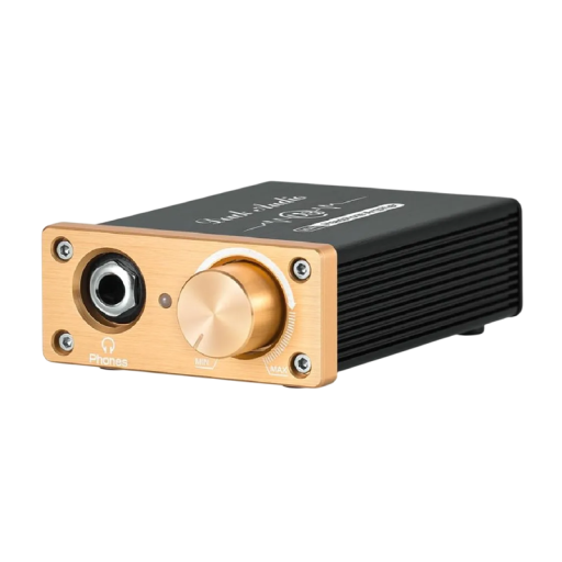 Stereo versterker voor headsets 9 x 7 x 3 cm met voedingskabel, uitgang 6,35 mm jack en adapter naar 3,5 mm voor universeel gebruik