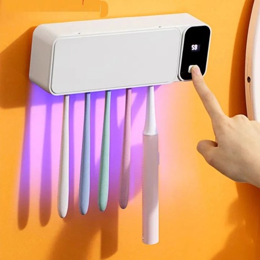 Sterylizator szczoteczek do zębów z wyświetlaczem LED i dezynfekcją UV, szybkoschnący, uchwyt ścienny z baterią 1200 mAh, różowo-biały