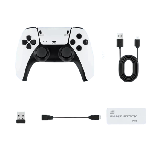 Stick TV konsola 4K Game Stick Pro z 50 000 grami i gamepadem w stylu PS5, 128 GB, zasilanie USB, biało-czarna, do nostalgicznego grania