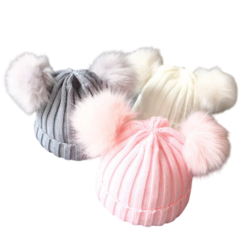 Stickad barnmössa 1-3 år 14 x 16 cm Stora pompommar Akryl Ull Vinterullmössa för småbarn