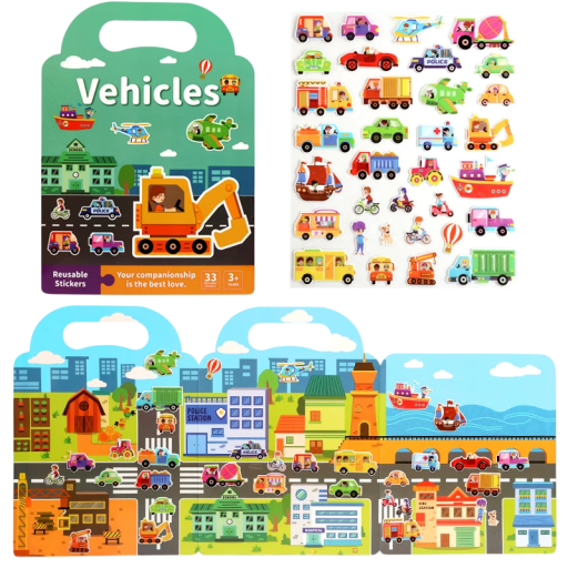 Sticker Book Background Vehicles Reusable Stickers Green Transport for Kids Play