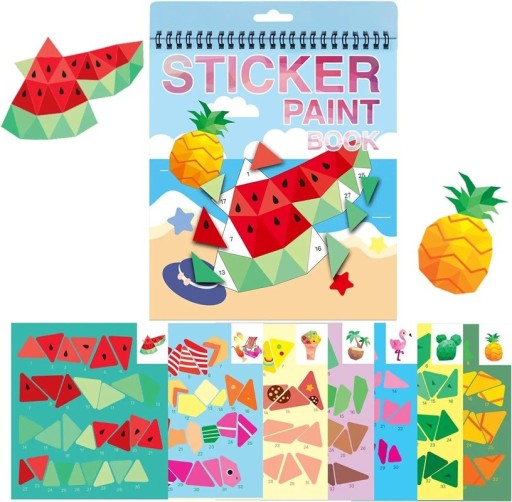 Sticker Book for Gluing by Numbers Creative Notebook Blue with Pictures of Fruit and Animals for Children Nursery Home Craft Games