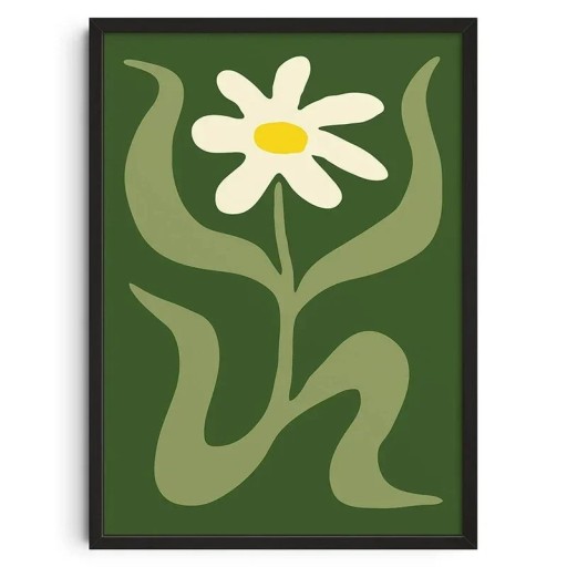 Stijlvolle wandposter abstracte bloem 20 x 30 cm canvasprint groene achtergrond witte bloem gele kern interieurdecoratie zonder lijst