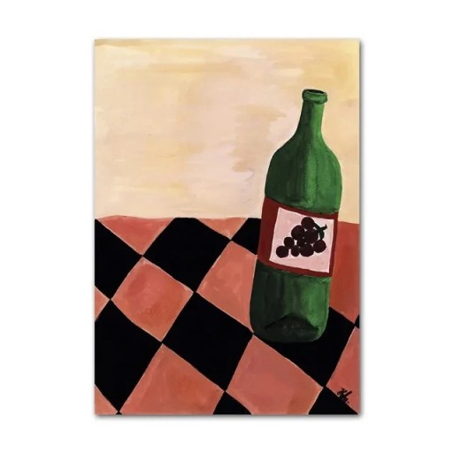 Stilfuld plakat med illustration af en vinflaske og et ternet mønster 50 × 75 cm tryk på lærred grøn-beige-sort blød plakat til indretning