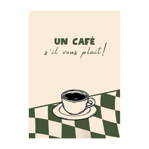 Stilfuld vægplakat med kaffekop og typografi 40 × 60 cm tryk på lærred beige grøn dekoration til køkken og café uden ramme