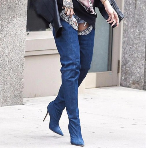 Stivali in denim da donna sopra il ginocchio con cintura