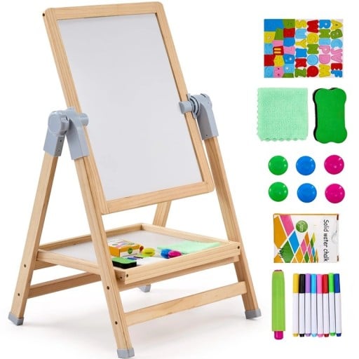 Stojąca magnetyczna tablica do rysowania z regulowaną wysokością 32,5x97 cm drewniana dla dzieci z magnetycznymi literami, markerami i akcesoriami