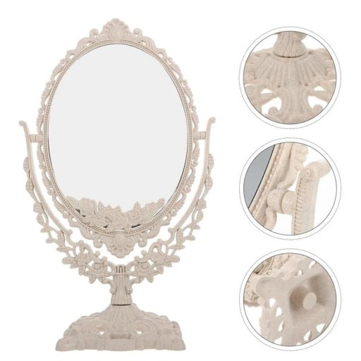 Stojace oválne zrkadlo 32 x 23,5 cm s dekoratívnym rámom Elegantný vintage doplnok na toaletný stolík