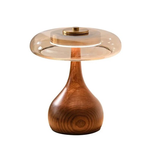 Stolná lampa v houbovitém dizajne, 24.5 x 22 cm, 12W, studené biele svetlo, drevo a sklo, hnedá, retro dekoratívne svietidlo do spálne