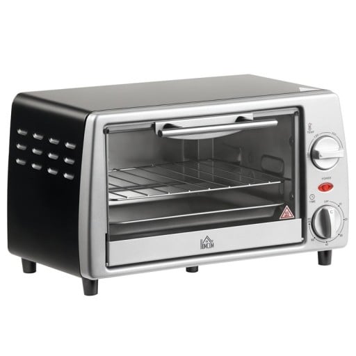 Stolní elektrická trouba o objemu 10 l s příkonem 750 W a regulací teploty 100 až 230 °C v černo-stříbrném provedení s roštem i plechem