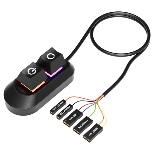 Stolní mechanický spínač pro PC napájení a reset 2 tlačítka 2m kabel Sedmibarevné RGB podsvícení 3,2x6,5x2,8 cm Samolepicí uchycení
