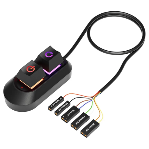 Stolný počítačový mechanický spínač s tlačidlami Power a Reset 2m kábel RGB podsvietenie 7 farieb 3,2x6,5x2,8cm samolepka na prichytenie
