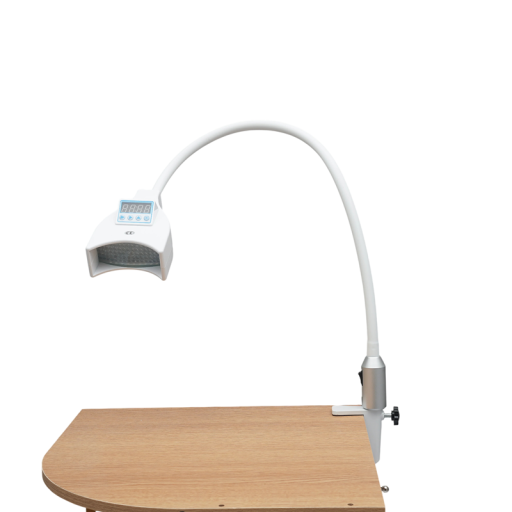 Stomatologická bieliaca LED lampa so svorkou na stôl, príkon 21 W, modré svetlo 465-470 nm, časovač 0-99 minút, ohybný krk, biela