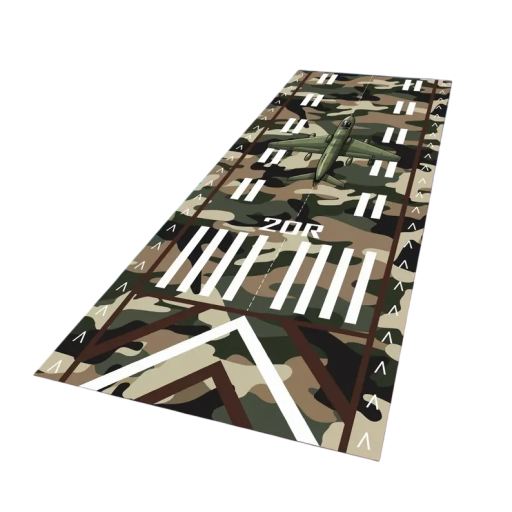 Stor børnetæppe med militært motiv af landingsbane og fly, 50 x 150 cm, camouflaged løber med skridsikker belægning