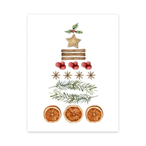 Stor juleplakat til væggen med krydderier i form af et træ 40 × 50 cm tryk på lærred hvid baggrund med naturlige nuancer dekoration uden ramme