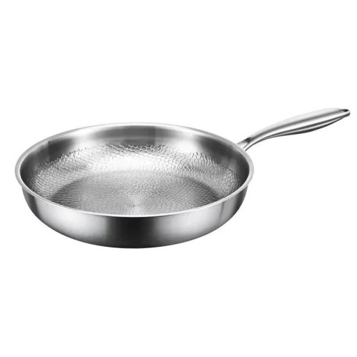 Stor pande til kød og grøntsager med reliefbund og fysisk non-stick egenskaber med en diameter på 26 cm og en dybde på 5,5 cm i sølvfarve med en bund på 19 cm