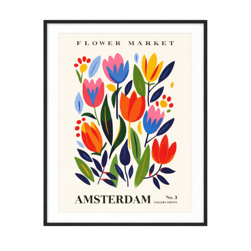 Stor vægplakat blomstermarked Amsterdam illustration af blomster 40 × 60 cm tryk på lærred flerfarvet naturligt motiv billede uden ramme