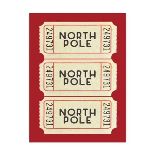 Stor vægplakat med billetter til Nordpolen 40 × 60 cm lærredstryk rød baggrund julemotiv indretning uden ramme