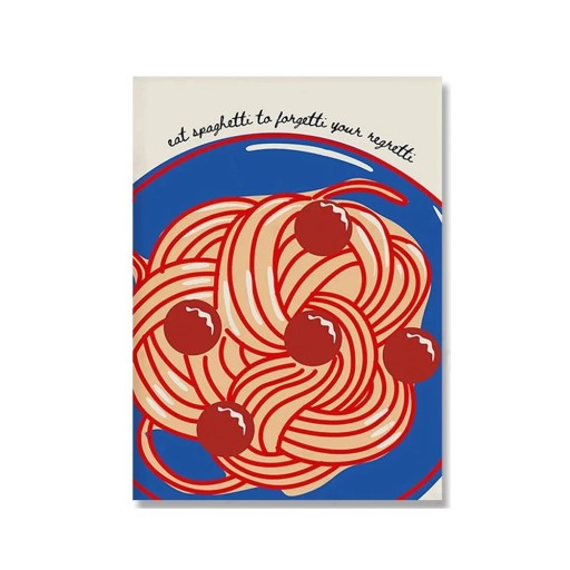 Stor vægplakat med spaghetti og teksten eat spaghetti to forgetti your regretti 50 x 70 cm lærred tryk blå rød grafik restaurant