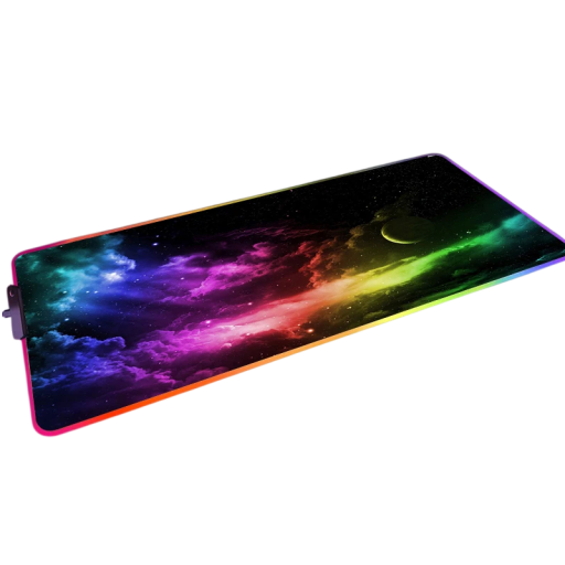 Större musmatta och tangentbordsmatta med LED-belysning 900x400x4 mm färgglad med motiv av nebulosor, stjärnor och månar för spelande
