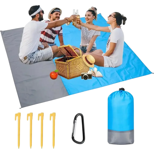 Stranddecke 200 x 140 cm Wasserdicht und sandabweisend Faltbar mit Tasche Befestigungsstifte und Karabiner Leichte Reisedecke