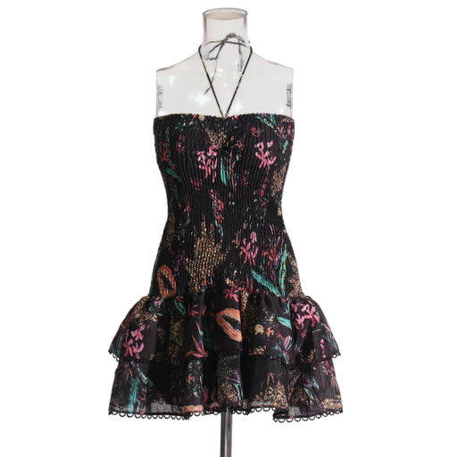 Strapless zomerminijurk met kikker- en gerimpelde rok Bloemenprint Elastisch lijfje Ronde hals Elegante zomerstijl