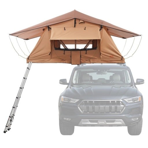Střešní stan na auto s teleskopickým žebříkem voděodolný 336 x 265 x 132 cm hliníková základna béžový pro 2 dospělé a 1 dítě na kempování