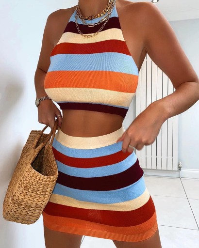 Stribet crop top og nederdel til kvinder