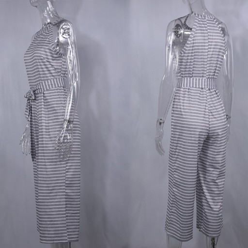 Stribet damejumpsuit med bindebånd i taljen