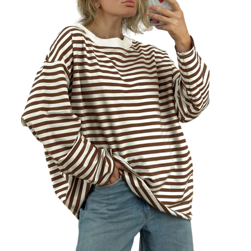 Stribet oversized T-shirt med lange ærmer Moderne løs pasform Casual streetwear-top Behagelig at have på til hverdagsoutfit