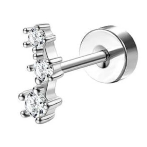 Stříbrná piercing náušnice tři kameny nad sebou 0,8 mm x 6 mm x 10 mm chirurgická nerezová ocel pro citlivé uši