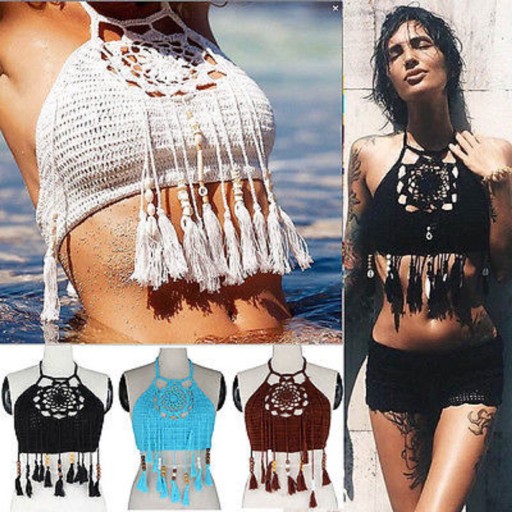 Strikket crop top med frynser til kvinder