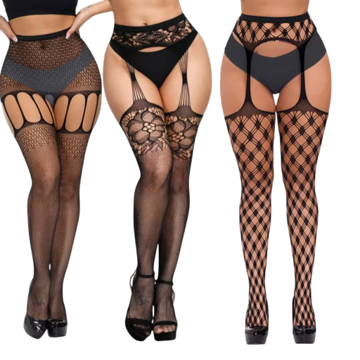 Styliserede strømpebukser med integreret strømpebåndseffekt og netmønstre universel størrelse 150–185 cm nylon spandex sort