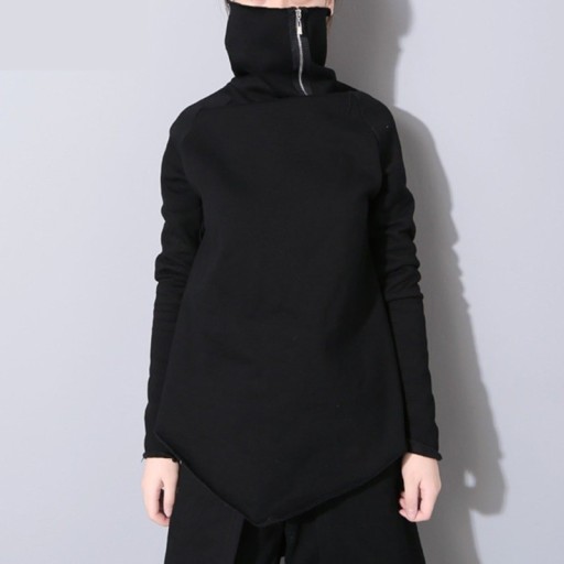 Sudadera asimétrica para mujer con alto cuello y cremallera Dobladillo terminado en punta en la parte delantera Corte holgado Mangas largas Negra