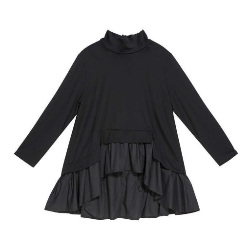 Sudadera asimétrica para mujer con parte inferior de volantes Dobladillo irregular Corte en A holgado Cuello alto Mangas largas Negra Algodón