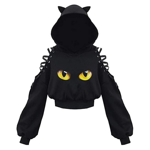 Sudadera con capucha para mujer con orejas de gato Sudadera negra con patrón de ojos de gato y cordones en los hombros Tejido de mezcla de algodón