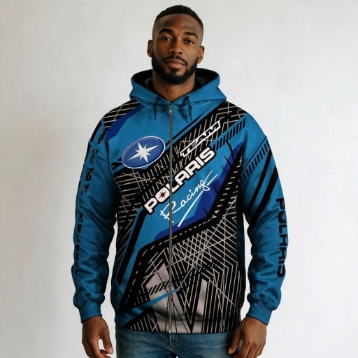 Sudadera con cremallera para hombre con capucha y cordón ajustable con estampado de rayas diagonales y líneas geométricas en estilo motocross azul