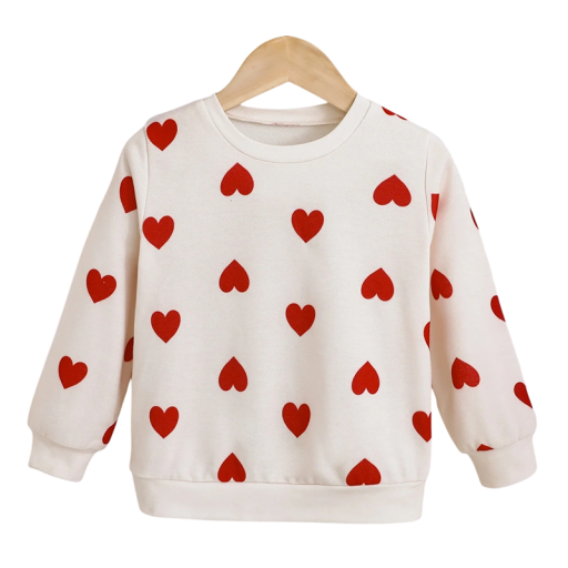 Sudadera crema para niña con estampado de corazones y cuello redondo